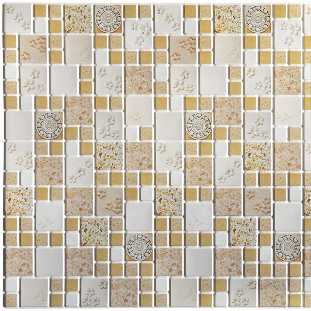 Beige Mustard Yellow Faux Squares Victorian Medallions, 3.1 ft x 1.6 ft, PVC 3D Wall Panel, Interior Design Wall Paneling Decor, 4.9 sq. ft.