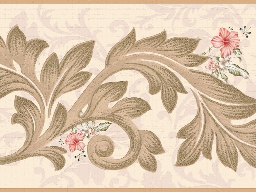 Floral Pink Beige Leaves Scrolls Wall Border Retro Design