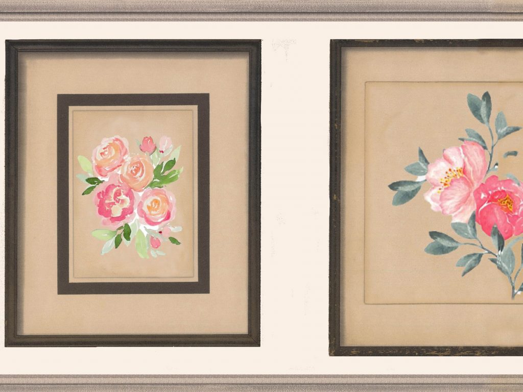 Floral Brown Pink Flowers in Square Wall Border Retro Design