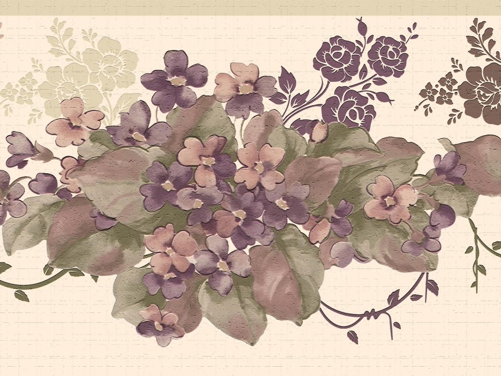 Floral Beige Purple Flowers on Vines Wall Border Retro Design