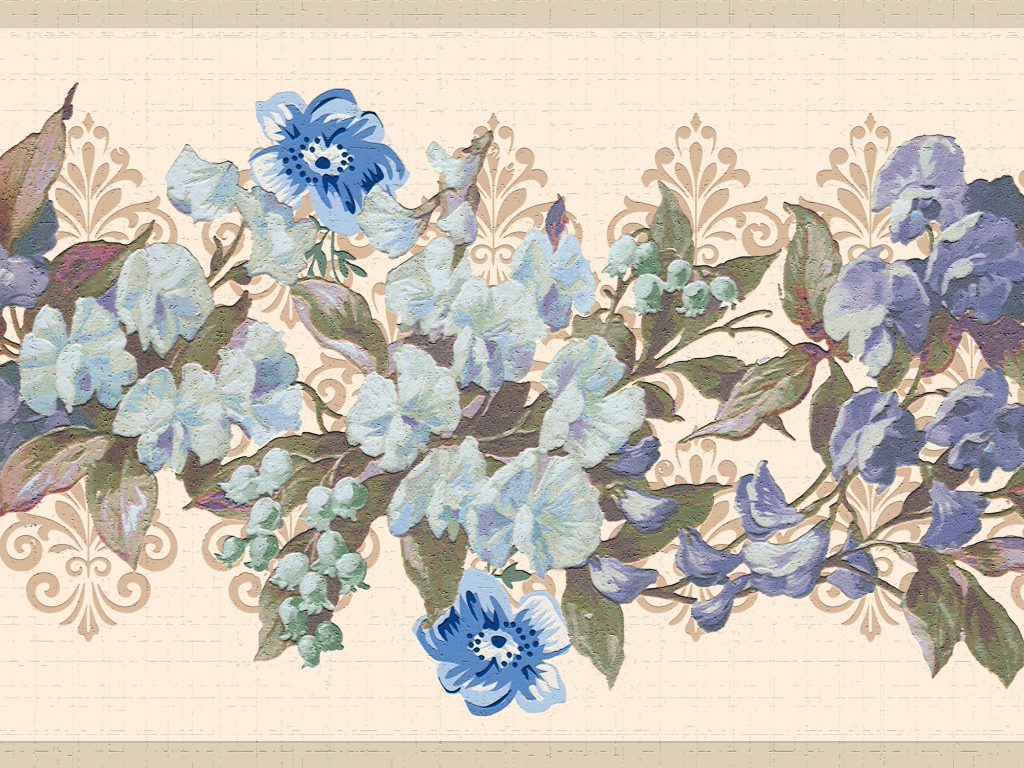 Floral Blue Green Tan Vines Flowers Wall Border Retro Design