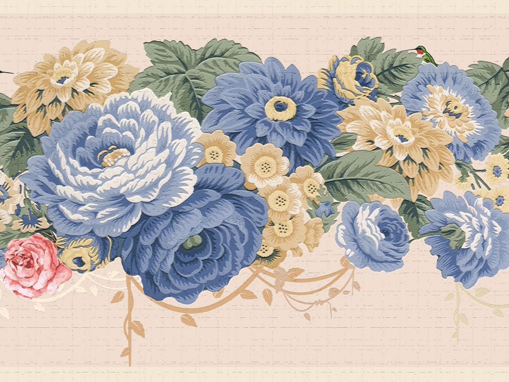 Floral Blue Green Yellow Flowers Wall Border Retro Design