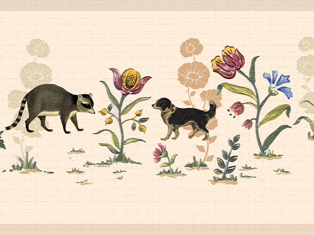 Nature Brown Green Dogs and Flowers Wall Border Retro Design