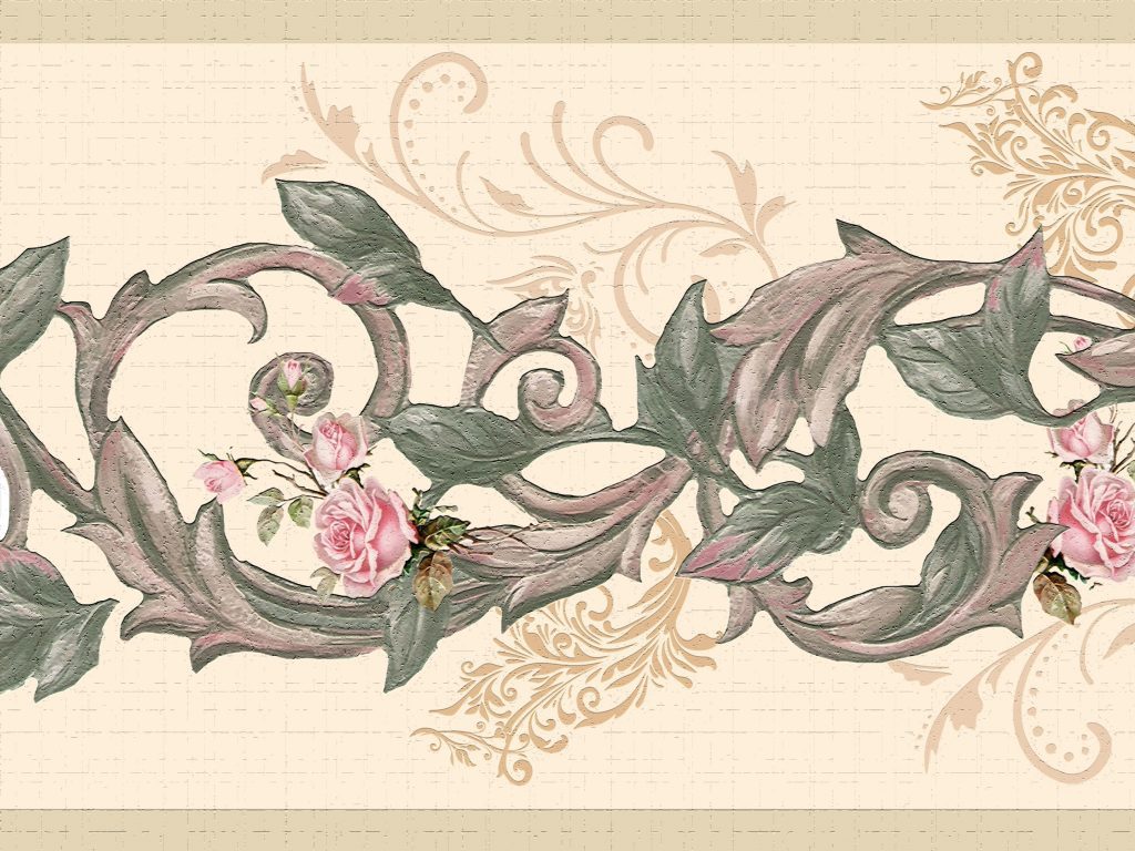 Floral Green Pink Flowers on Vines Wall Border Retro Design