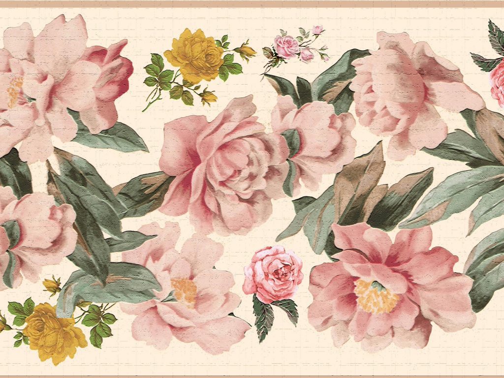 Floral Pink Green Yellow Flowers Wall Border Retro Design