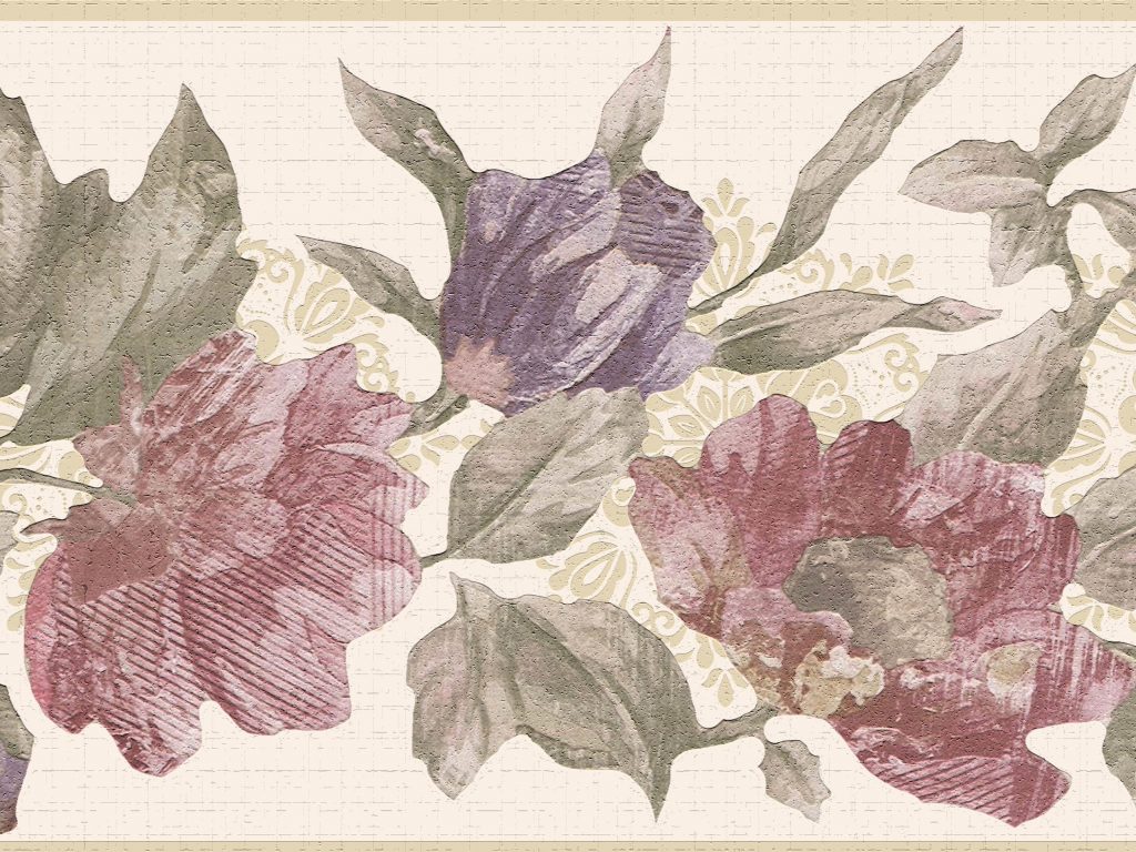 Floral Pink Purple Green Flowers on Vines Wall Border Retro Design