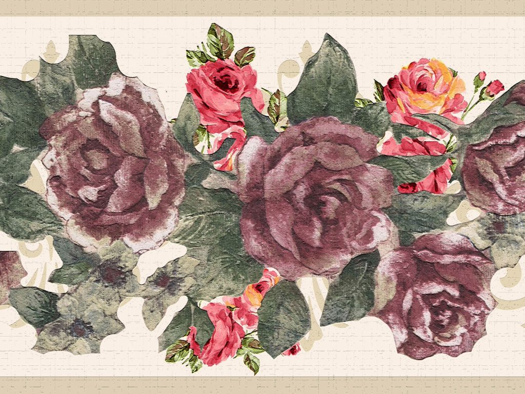 Floral Red Pink Green Flowers Wall Border Retro Design
