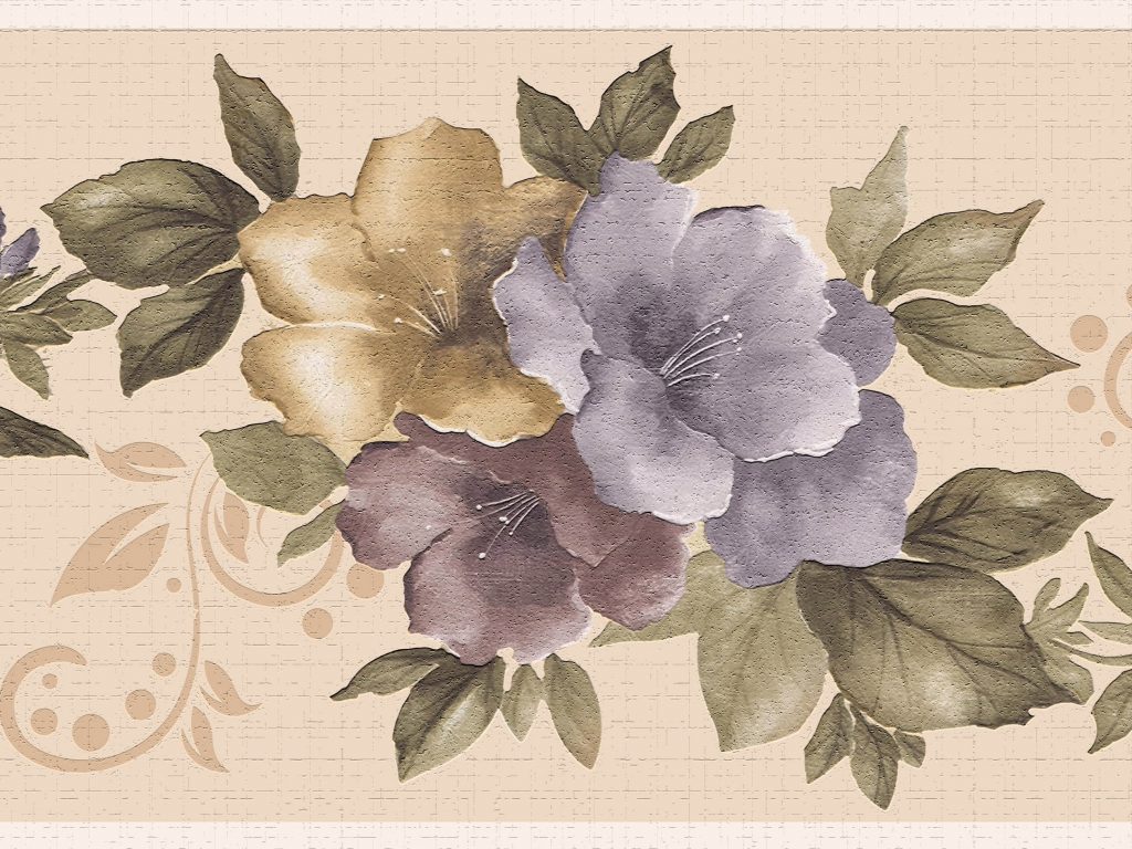 Floral Purple Yellow Green Flowers Blooming Wall Border Retro Design