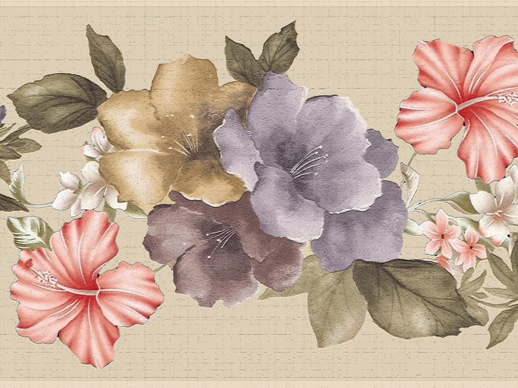 Floral Pink Green Purple Flowers Blooming Wall Border Retro Design