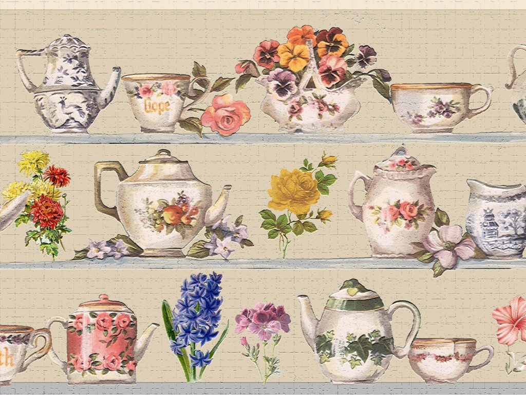 Floral Beige Purple Pink Flowers and Teapots Wall Border Retro Design