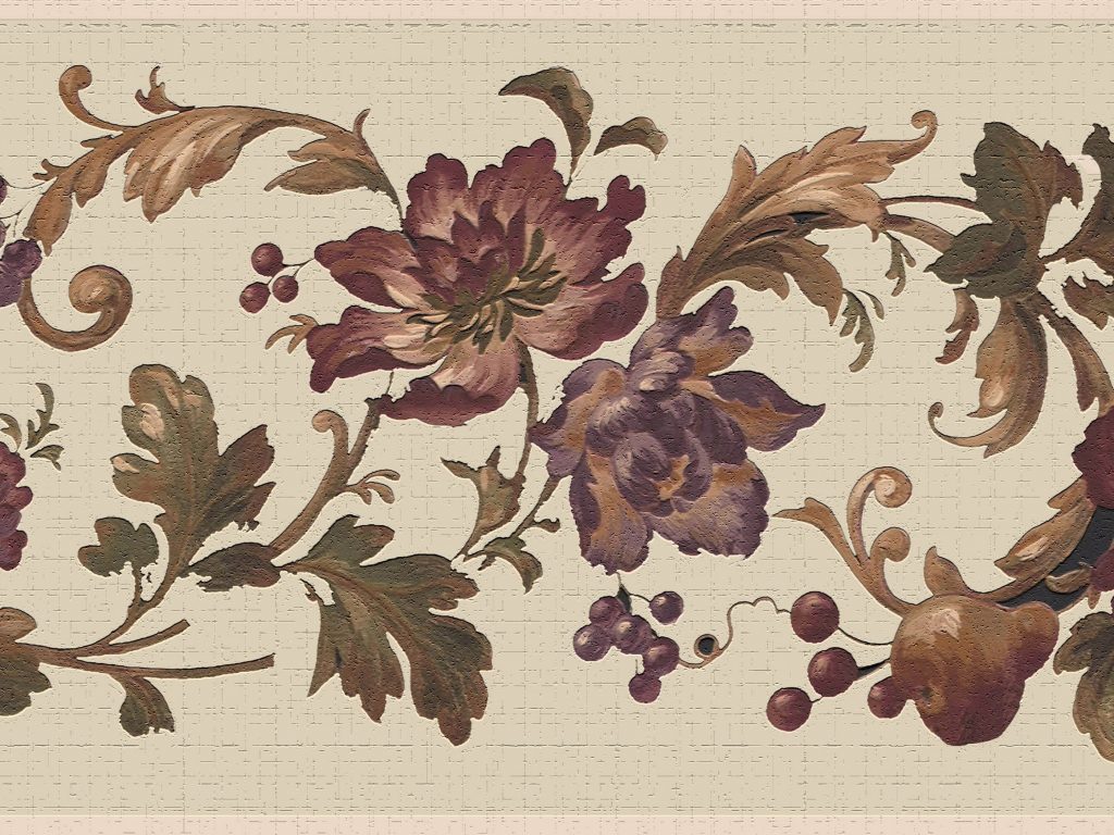 Floral Brown Burgundy Flowers and Leaves Wall Border Retro Design