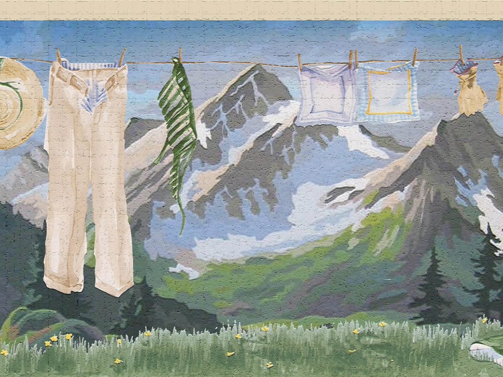 Nature Blue White Green Clothes Line by Mountain Wall Border Retro Design