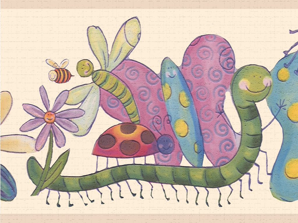 Kids Pink Green Yellow Bugs and Flowers Wall Border Retro Design