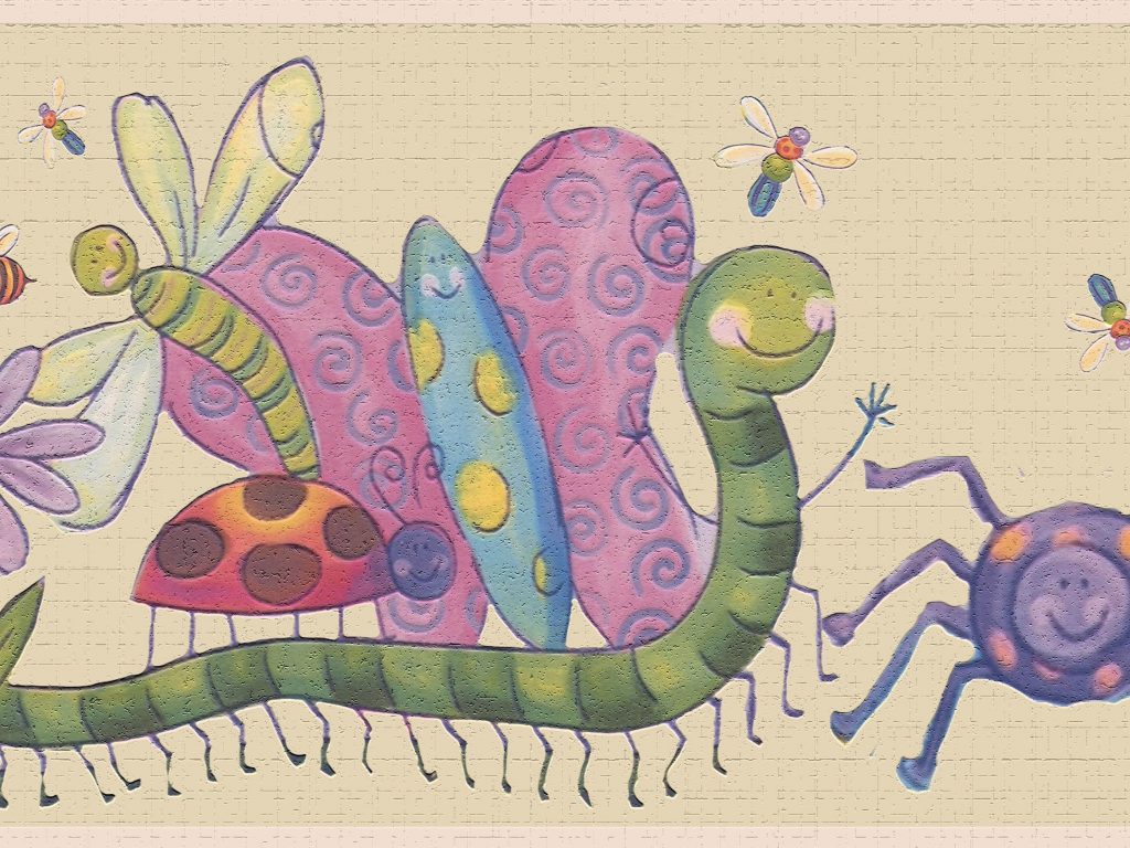 Kids Green Purple Pink Bees and Bugs Wall Border Retro Design