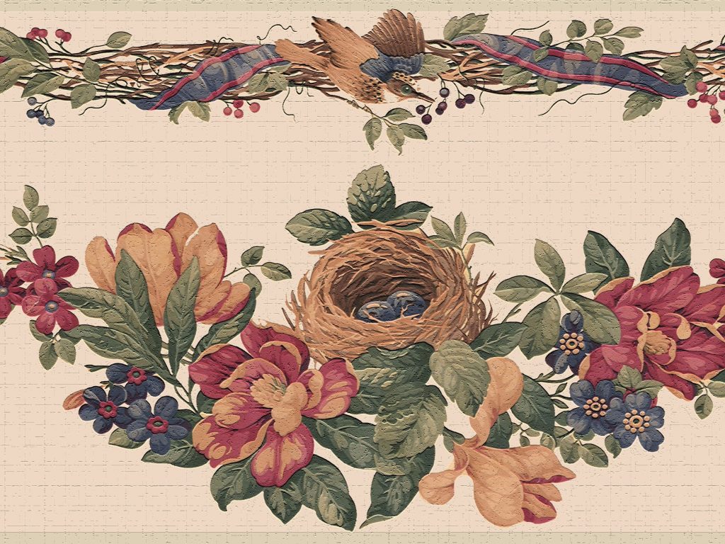 Nature Red Green Brown Birds and Flowers Wall Border Retro Design