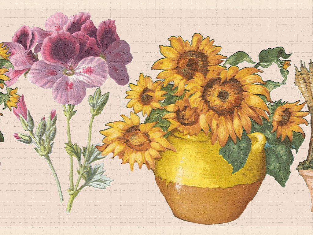 Floral Yellow Purple Flowers in Pots Wall Border Retro Design