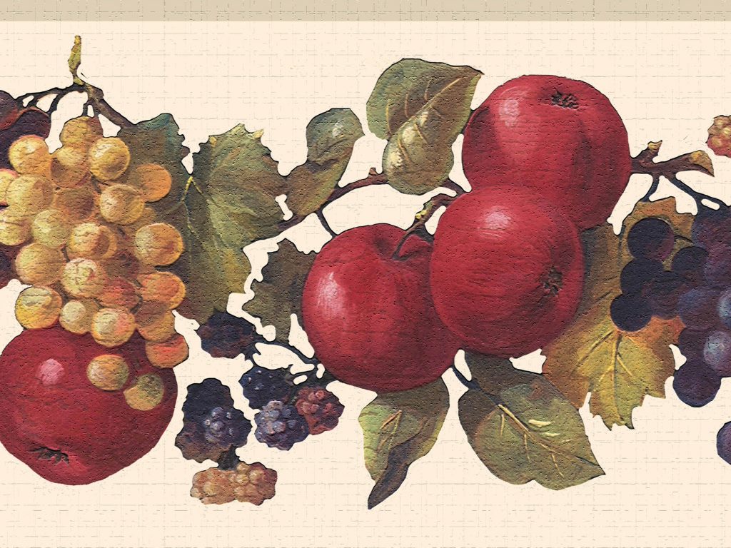 Fruits Red Purple Green Apples and Grapes Wall Border Retro Design