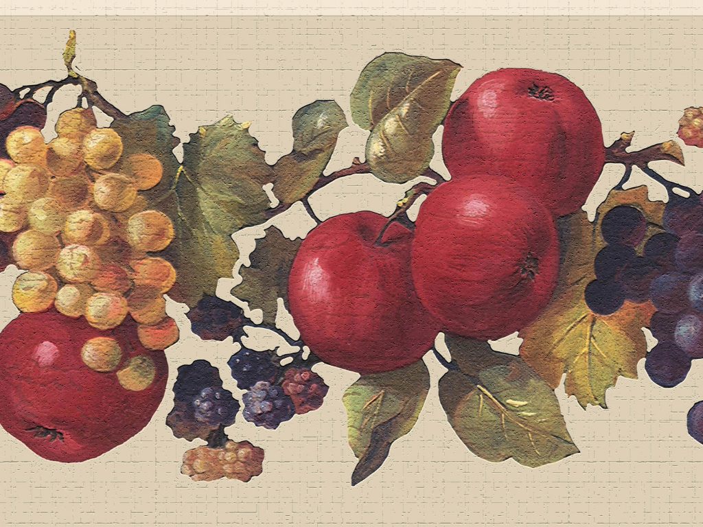Fruits Beige Red Purple Apples and Grapes Wall Border Retro Design