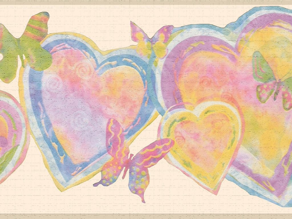 Kids Pink Yellow Green Hearts and Butterflies Wall Border Retro Design