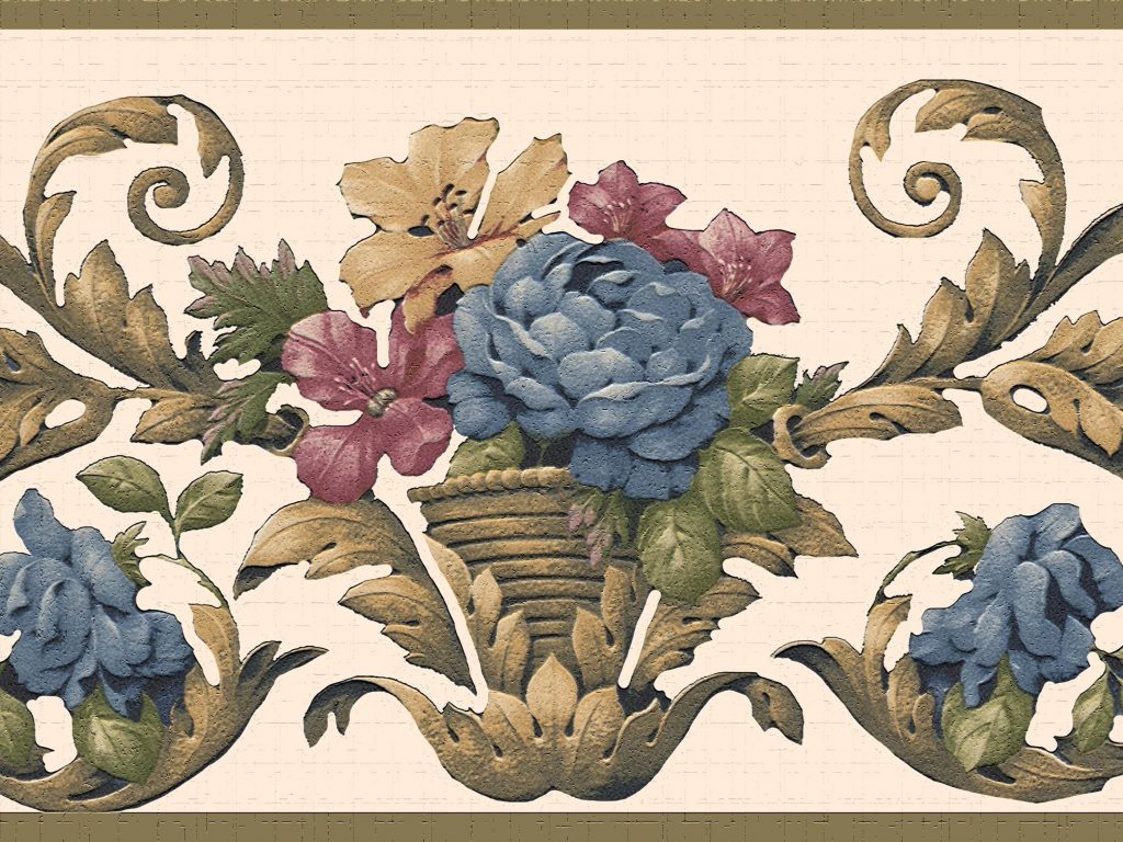 Floral Blue Pink Yellow Flowers on Damask Vines Wall Border Retro Design