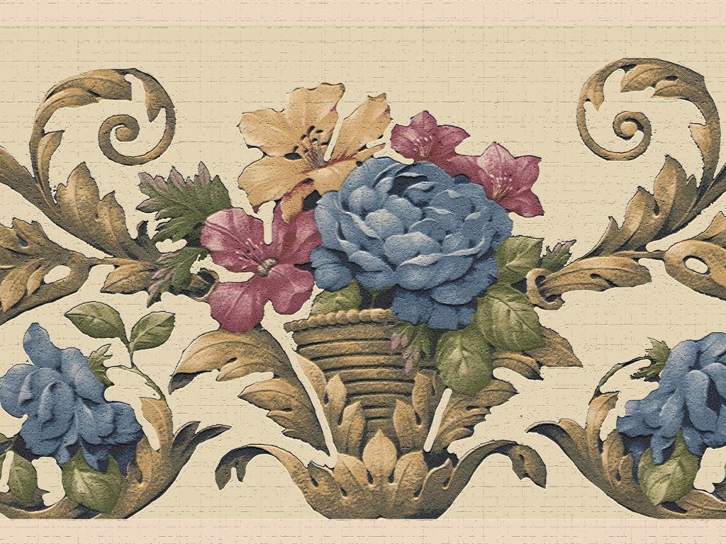 Floral Yellow Blue Green Flowers on Damask Vines Wall Border Retro Design
