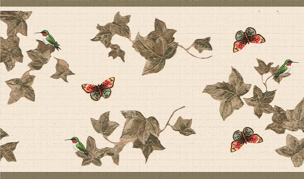 Nature Green Tan Leaves and Butterflies Wall Border Retro Design