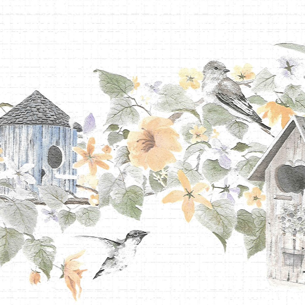Floral Green Yellow Flowers and Bird Houses Wall Border Retro Design