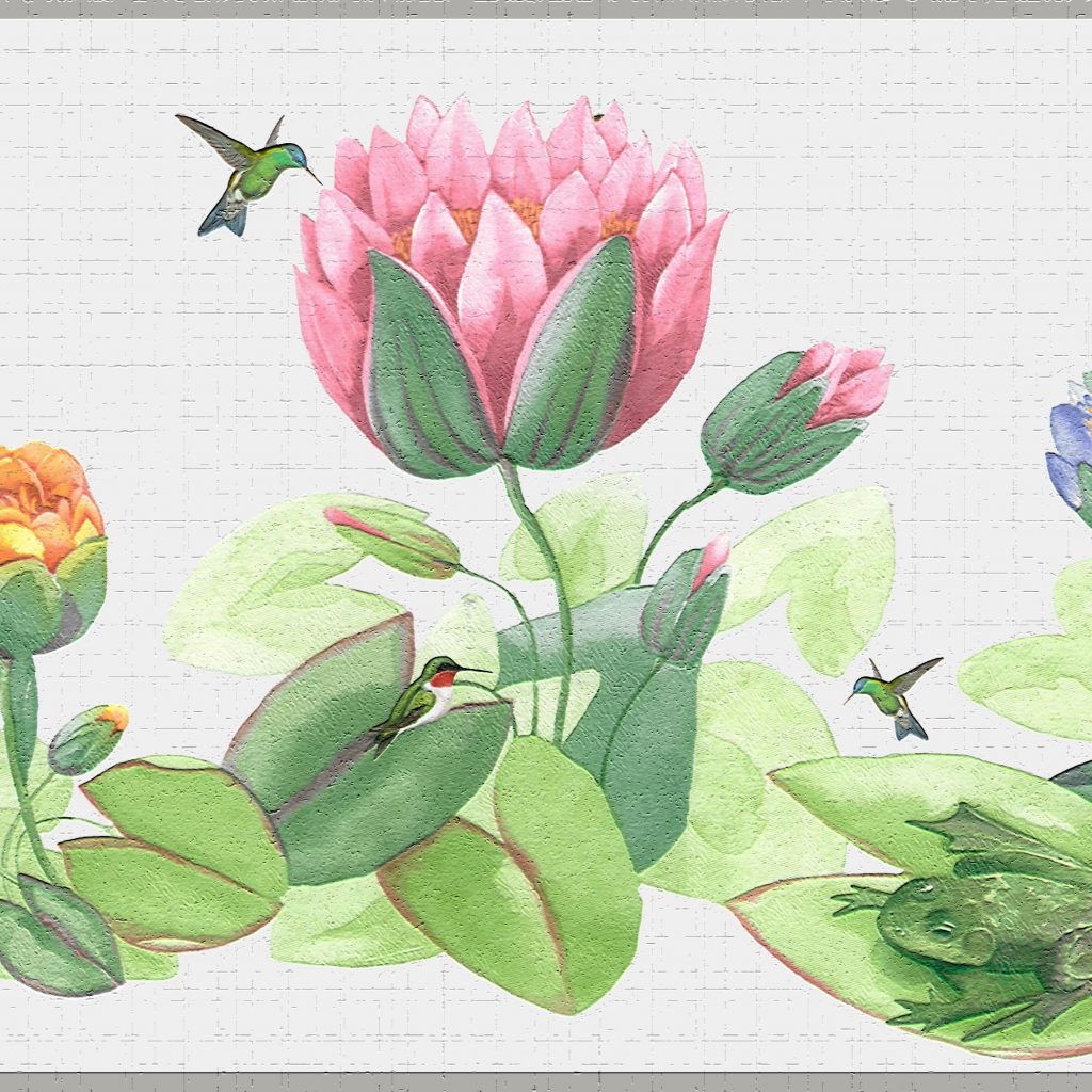 Floral Green Pink Purple Birds and Flowers Wall Border Retro Design