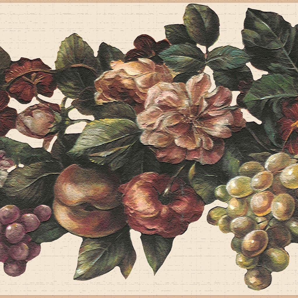 Fruits Green Red Grapes and Flowers Wall Border Retro Design