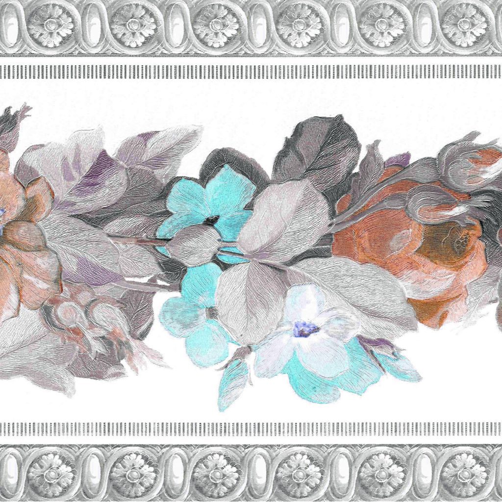 Damask Blue Grey Flowers and Leaves Wall Border Retro Design