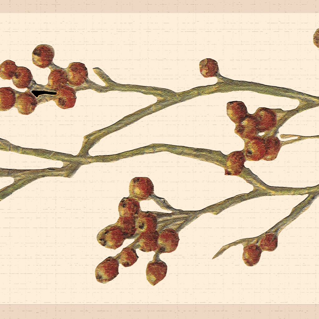 Nature Green Red Beige Berries on a branch Wall Border Retro Design