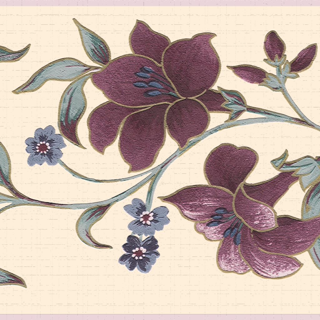 Floral Maroon Green Flowers on Vines Wall Border Retro Design