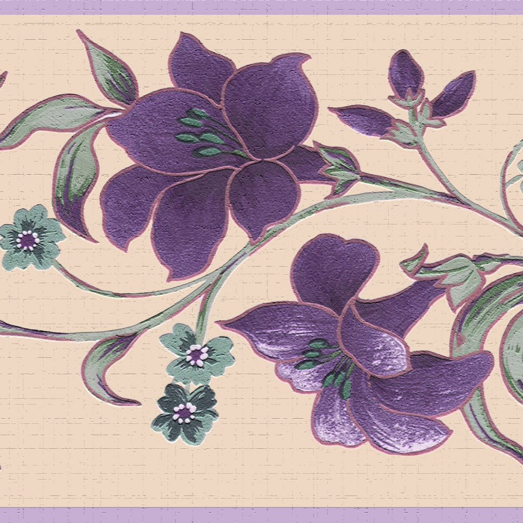 Floral Purple Green Flowers on Vines Wall Border Retro Design