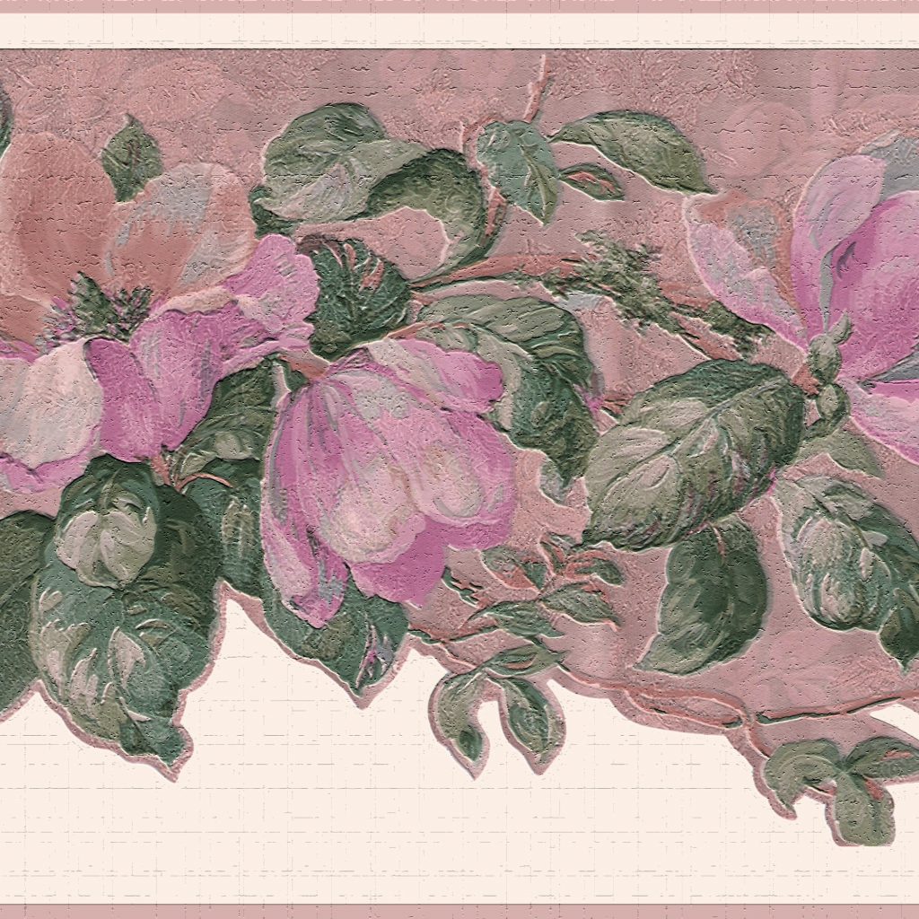 Vintage Pink Green Flowers on Vines Wall Border Retro Design
