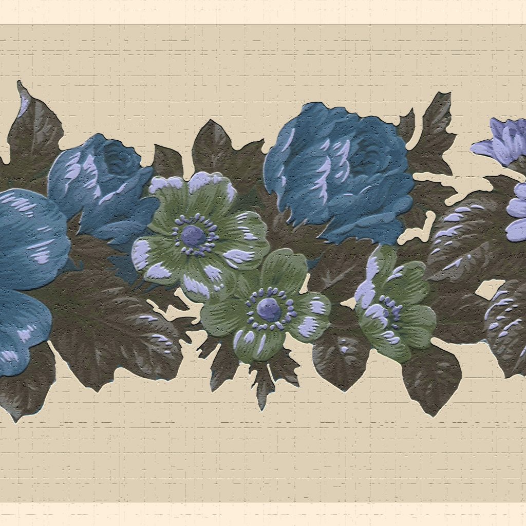 Floral Beige Blue Flowers on Vines Wall Border Retro Design