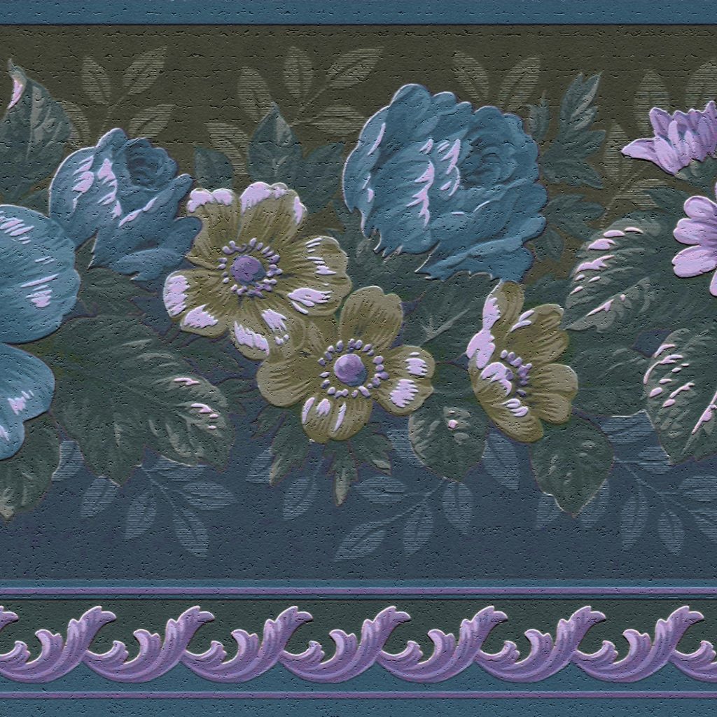 Vintage Blue Purple Flowers on Vines Wall Border Retro Design