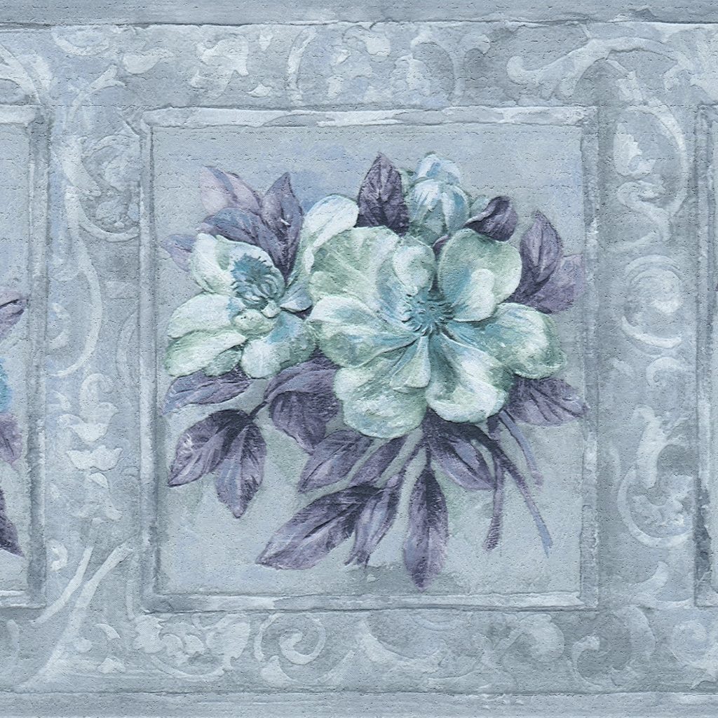 Floral Blue Teal Flowers in Squares Wall Border Retro Design