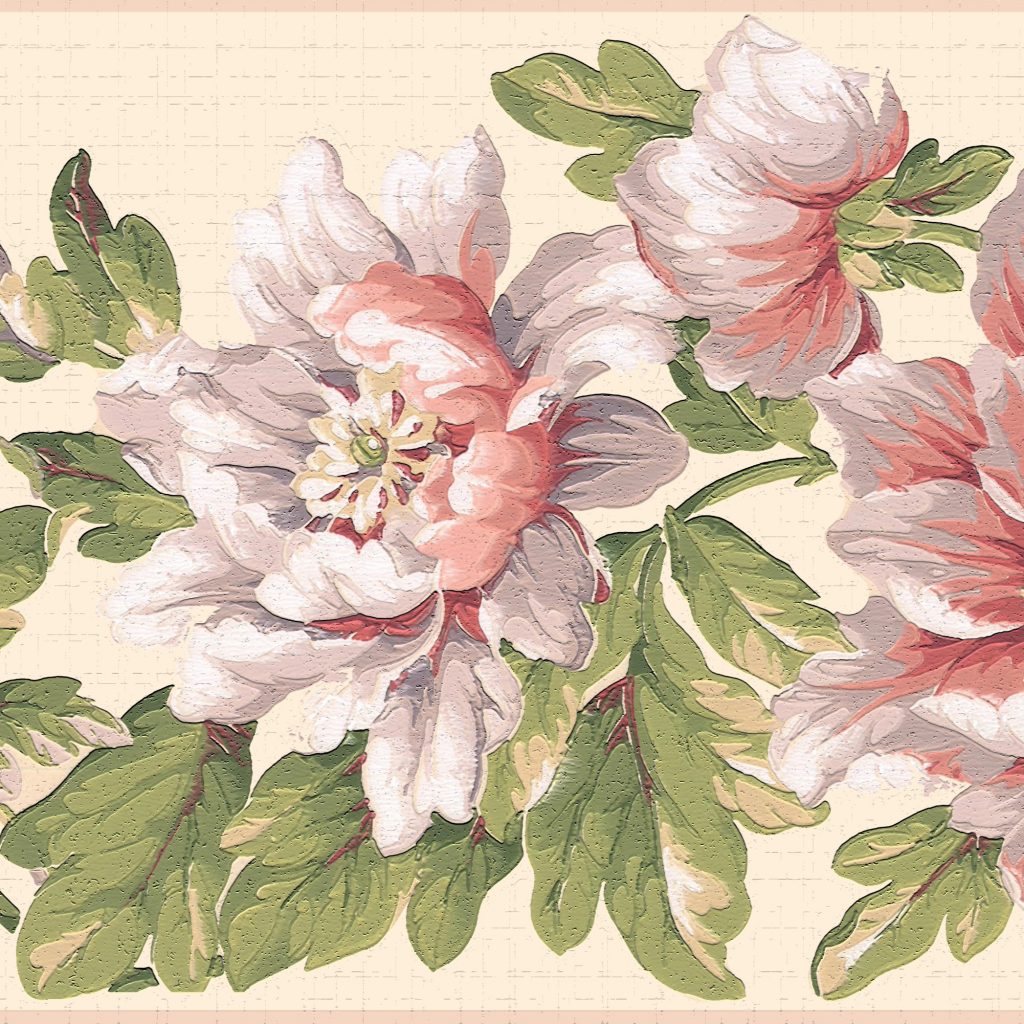 Floral White Green Pink Flowers on Vines Wall Border Retro Design