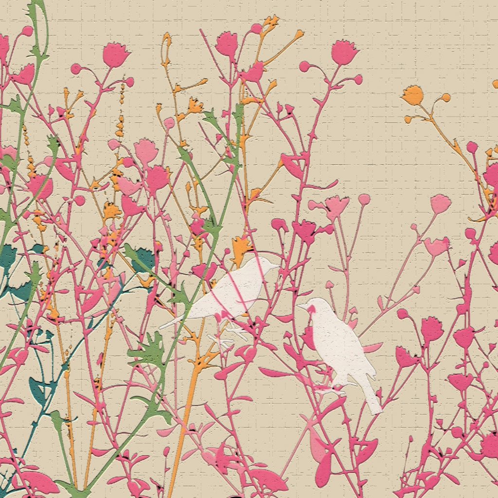 Abstract Pink Green White Birds in Plants Wall Border Retro Design