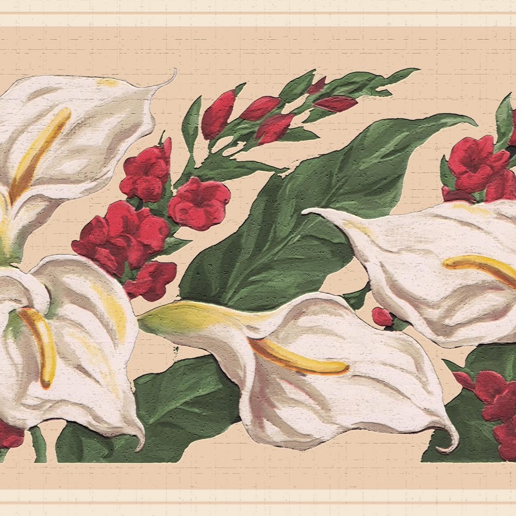 Floral White Red Green Blooming Flowers Wall Border Retro Design