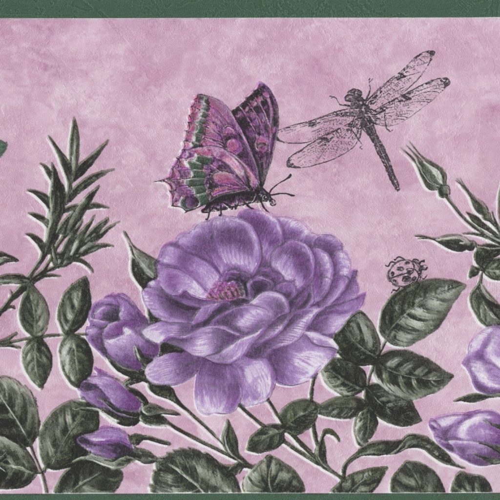 Nature Pink Purple Green Butterflies Flowers Wall Border Retro Design