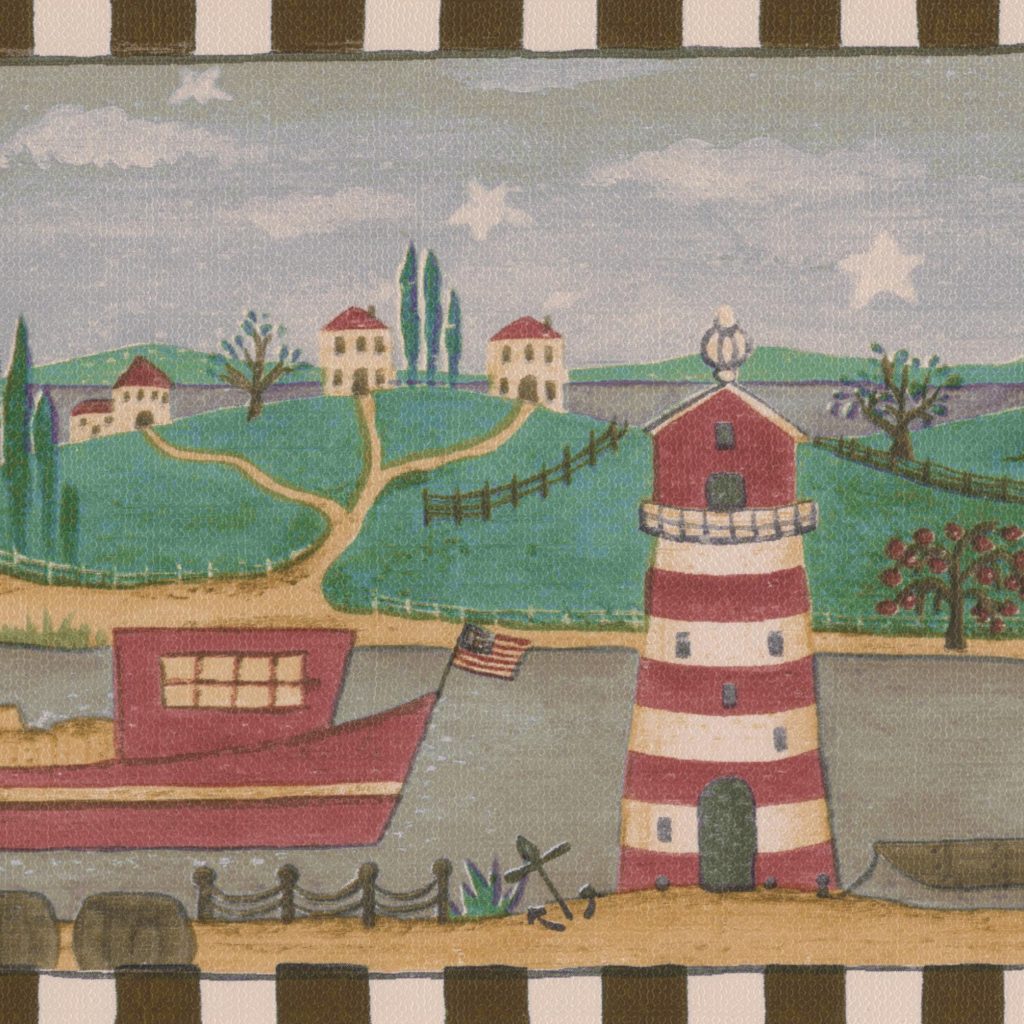 Country Red Green White Ships and Lighthouses Wall Border Retro Design