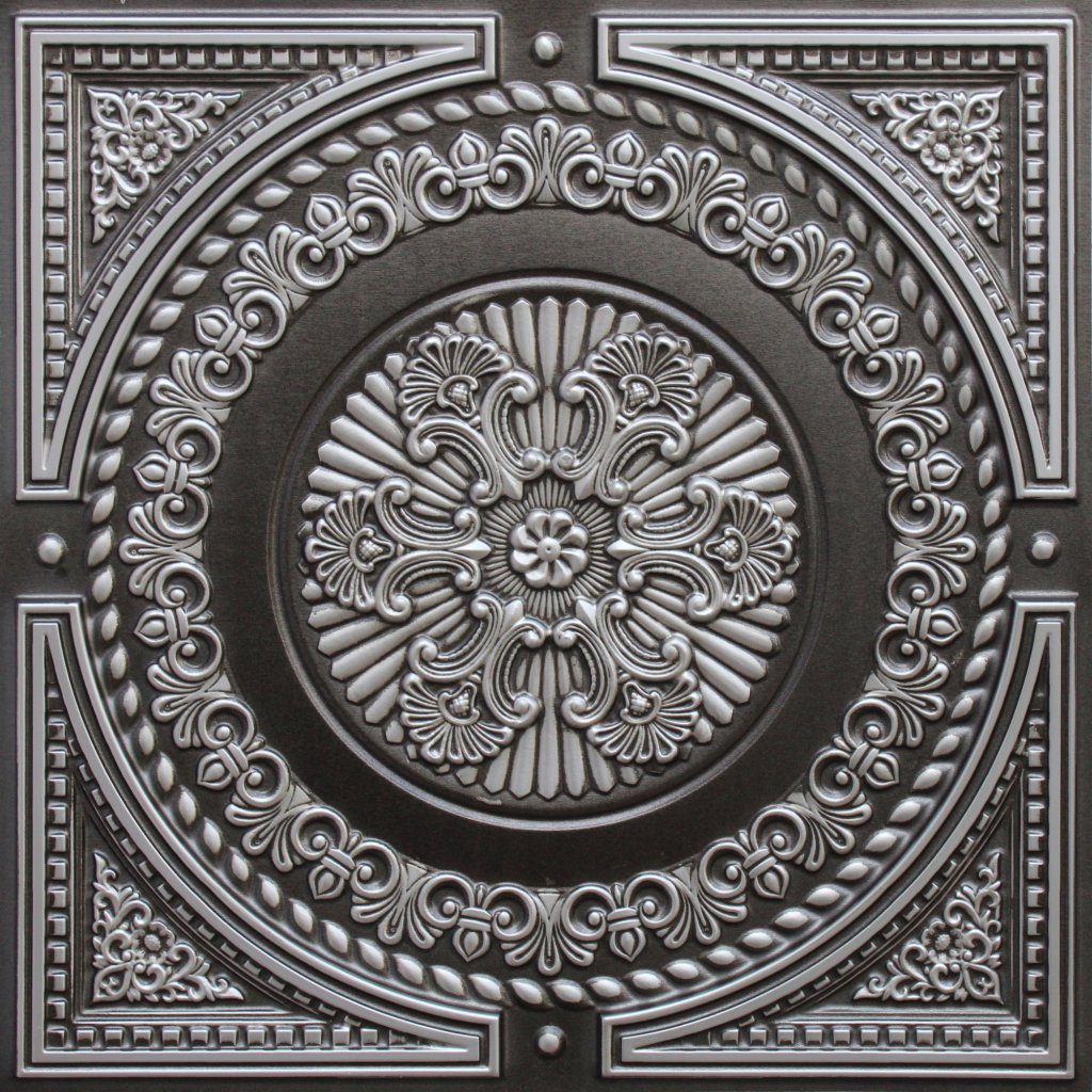 Rustic Damask Antique Silver Glue Up or Lay In, PVC 3D Decorative Ceiling Panel, 2 ft X 2 ft (60cm X 60cm), 4 sq ft (0.37 sq m) each