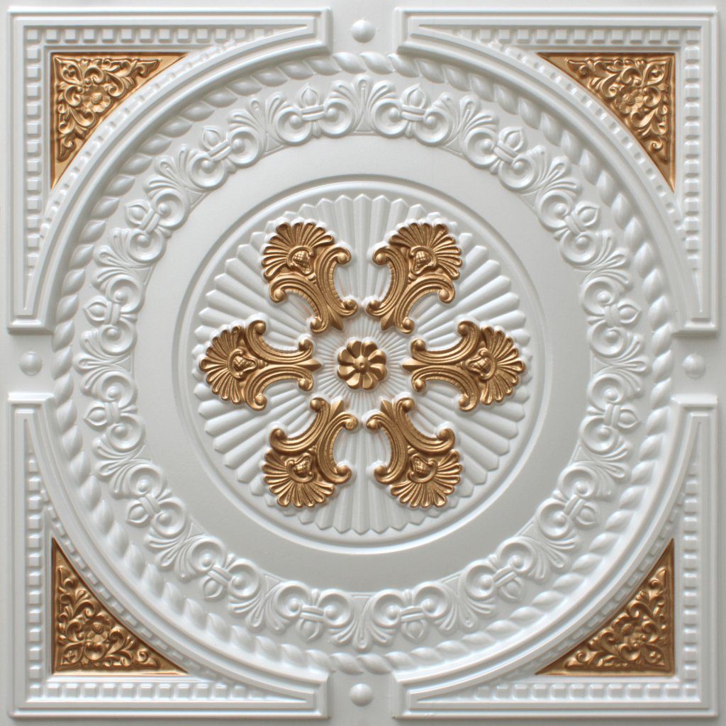 Contemporary Damask Pearl White-Gold Glue Up or Lay In, PVC 3D Decorative Ceiling Panel, 2 ft X 2 ft (60cm X 60cm), 4 sq ft (0.37 sq m) each