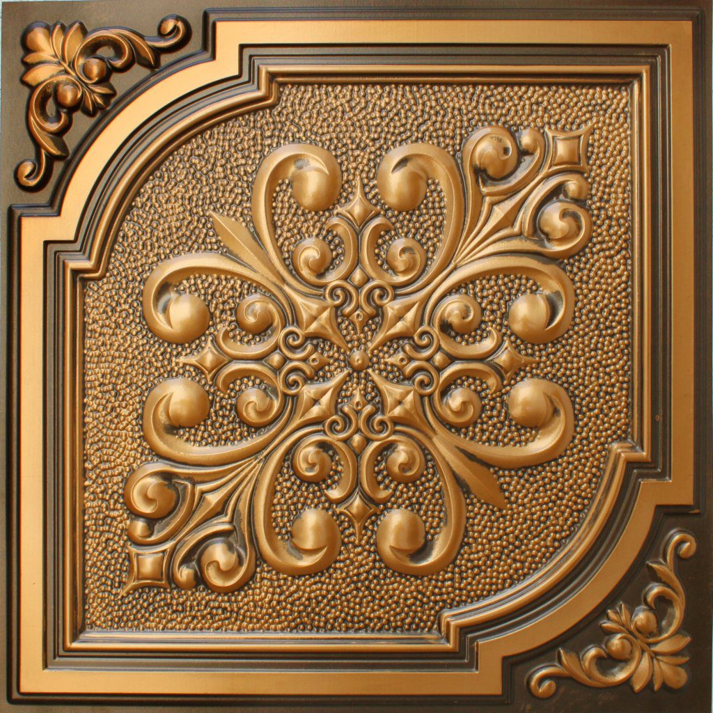 Victorian Botanical Antique Gold Glue Up or Lay In, PVC 3D Decorative Ceiling Panel, 2 ft X 2 ft (60cm X 60cm), 4 sq ft (0.37 sq m) each