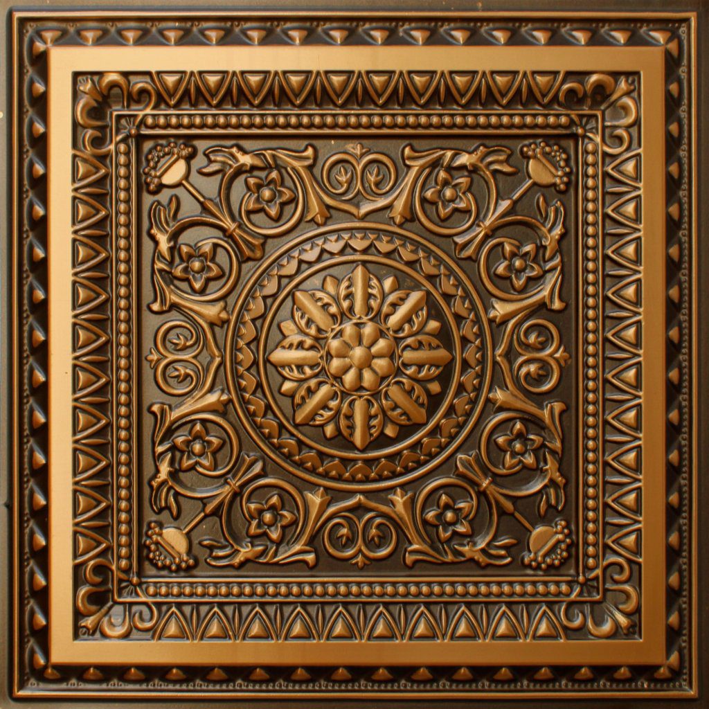 Victorian Floral Antique Gold Glue Up or Lay In, PVC 3D Decorative Ceiling Panel, 2 ft X 2 ft (60cm X 60cm), 4 sq ft (0.37 sq m) each