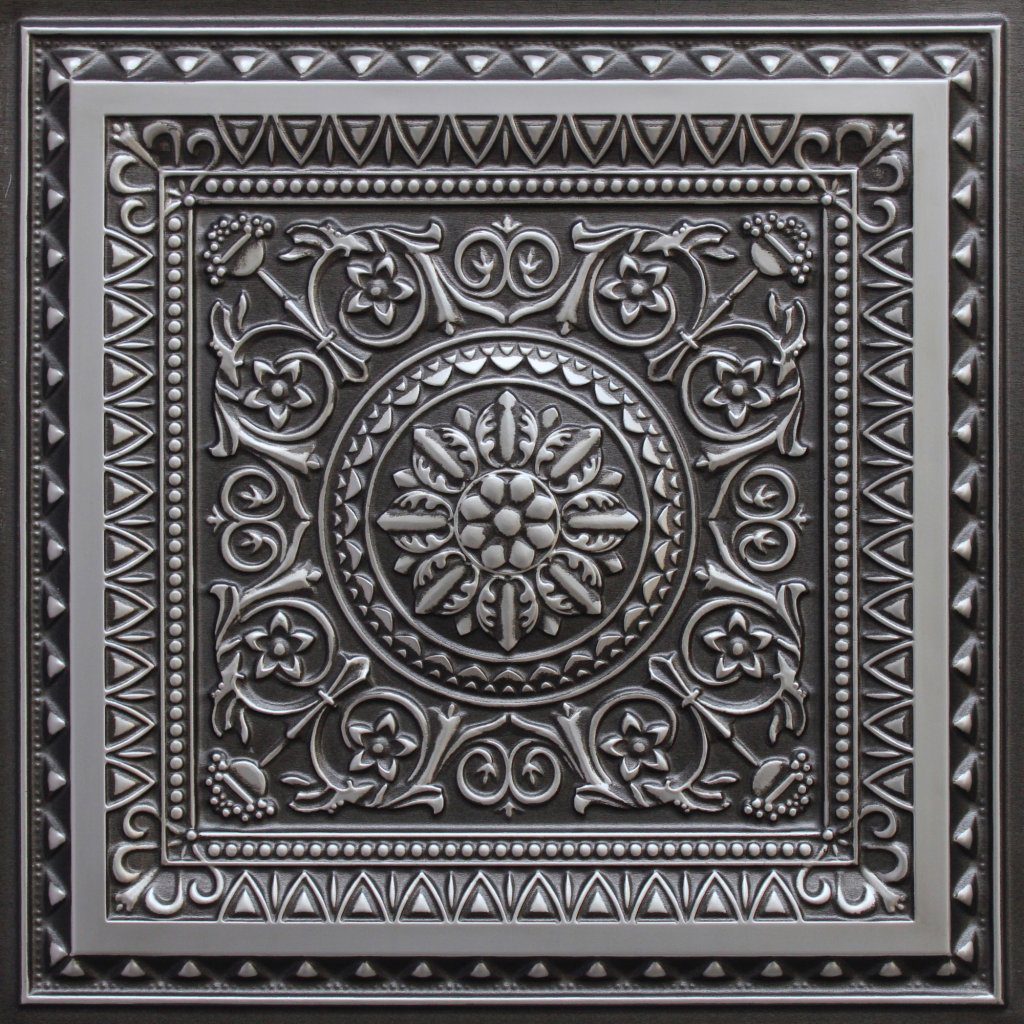 Victorian Floral Antique Silver Glue Up or Lay In, PVC 3D Decorative Ceiling Panel, 2 ft X 2 ft (60cm X 60cm), 4 sq ft (0.37 sq m) each