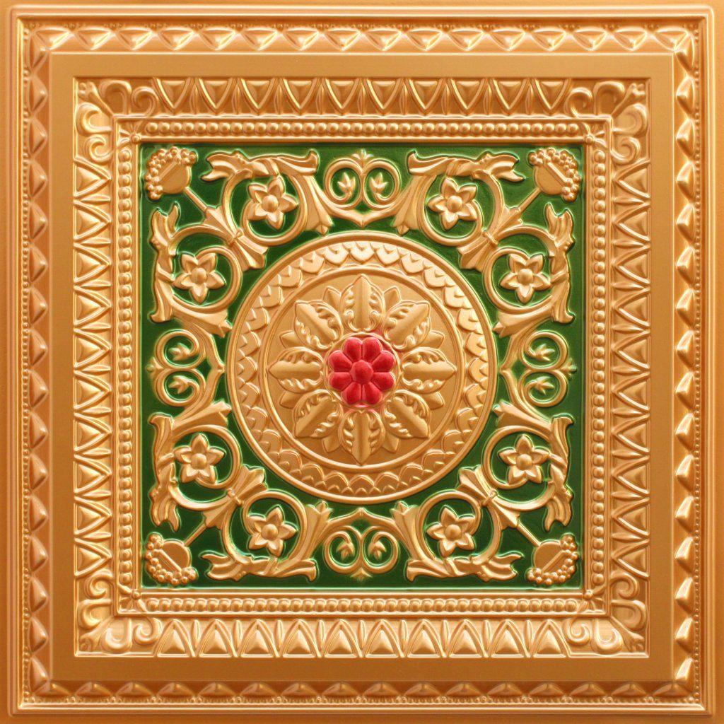 Victorian Floral Gold-Green-Red Glue Up or Lay In, PVC 3D Decorative Ceiling Panel, 2 ft X 2 ft (60cm X 60cm), 4 sq ft (0.37 sq m) each