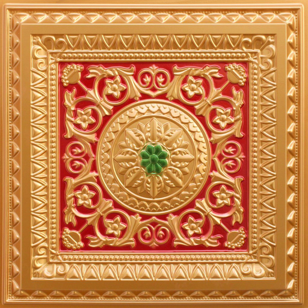 Victorian Floral Gold-Red-Green Glue Up or Lay In, PVC 3D Decorative Ceiling Panel, 2 ft X 2 ft (60cm X 60cm), 4 sq ft (0.37 sq m) each