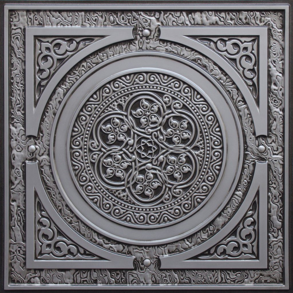 Rustic Traditional Antique Silver Glue Up or Lay In, PVC 3D Decorative Ceiling Panel, 2 ft X 2 ft (60cm X 60cm), 4 sq ft (0.37 sq m) each